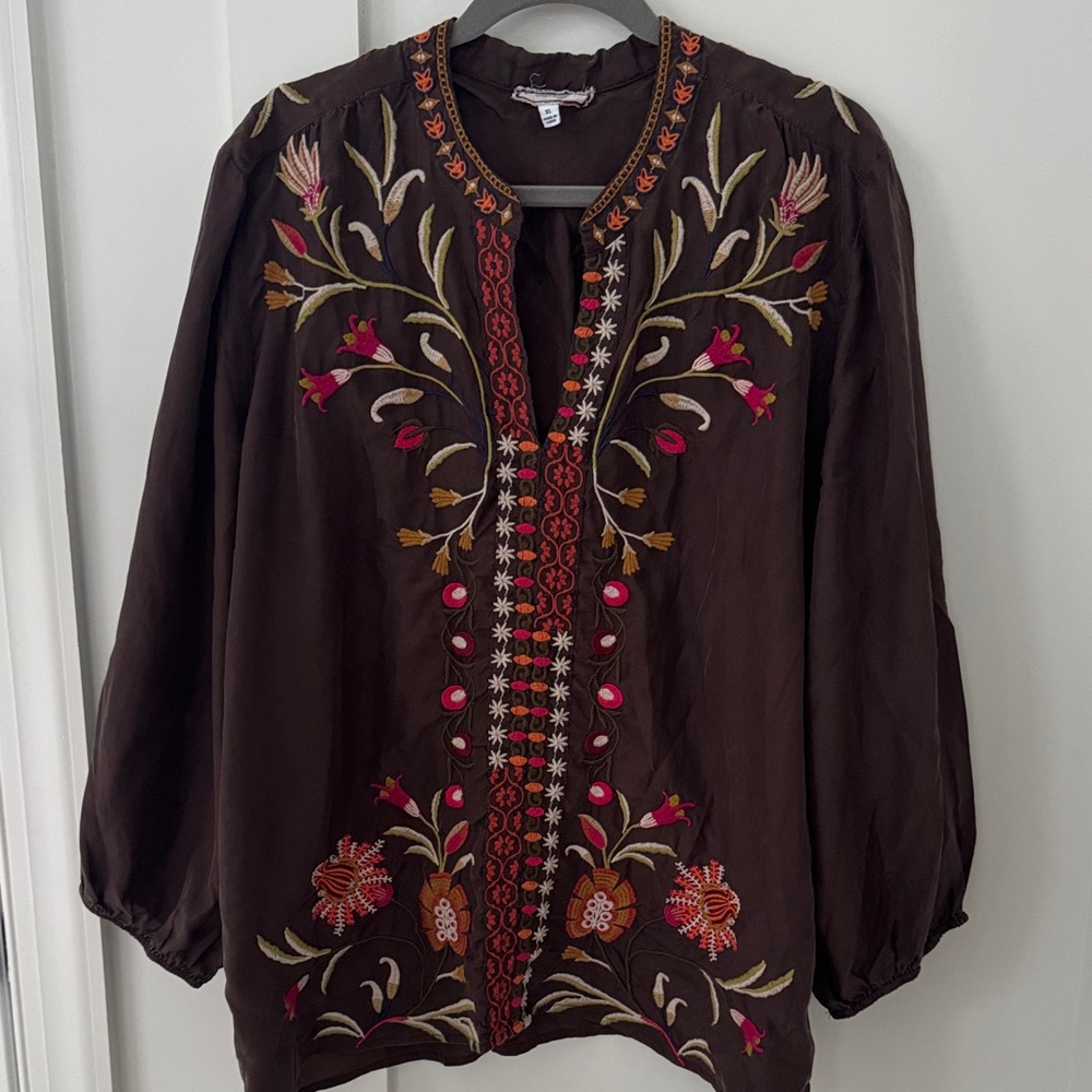 Johnny Was Brown Floral Embroidered V Neck Silk Peasant Top Size XL
